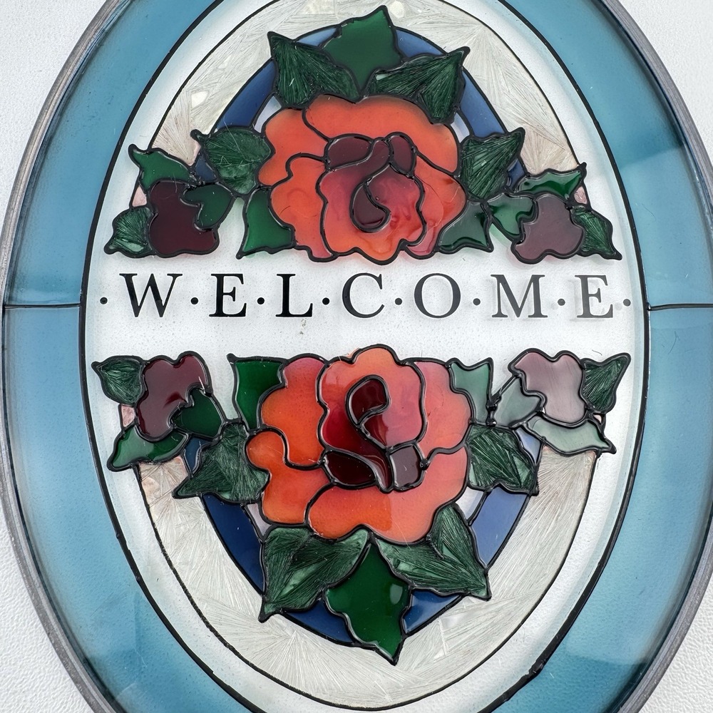 Joan Baker Designs Hand Painted Stained Glass WELCOME 7" Suncatcher SIgn